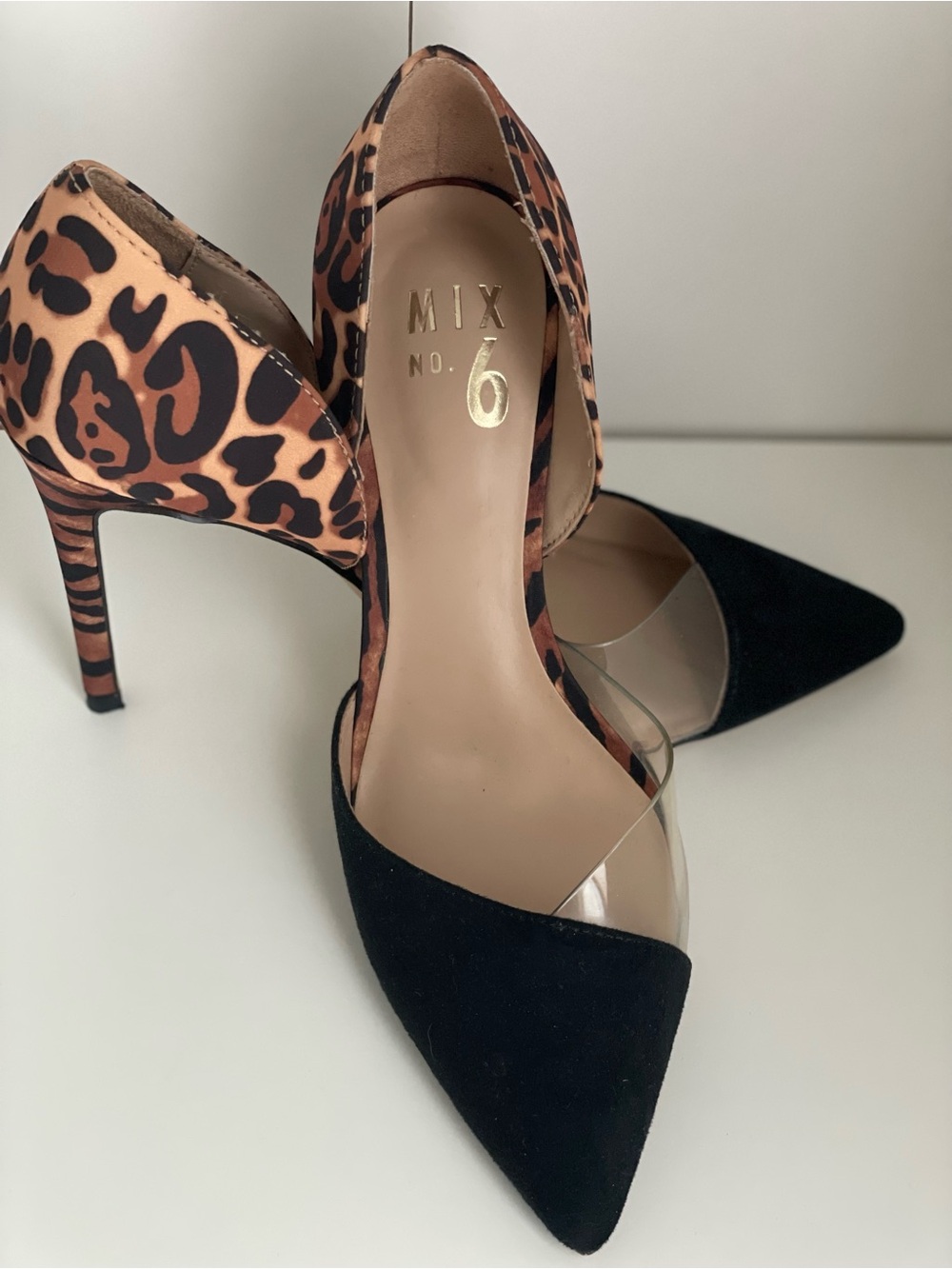 Mix No. 6 Black Suede Pointed-Toe D'Orsay Pump with Leopard Print